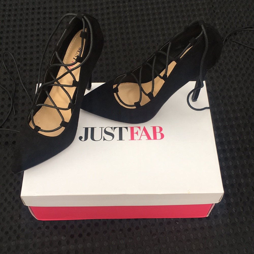 Just Fab black lace up pointed heels size 8.5